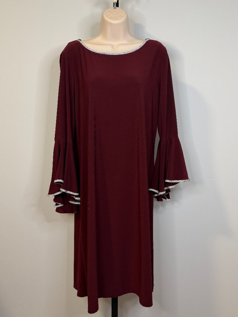 Badgley Mischka Studio Maroon Rhinestone Bell Sleeve Dress - Size L